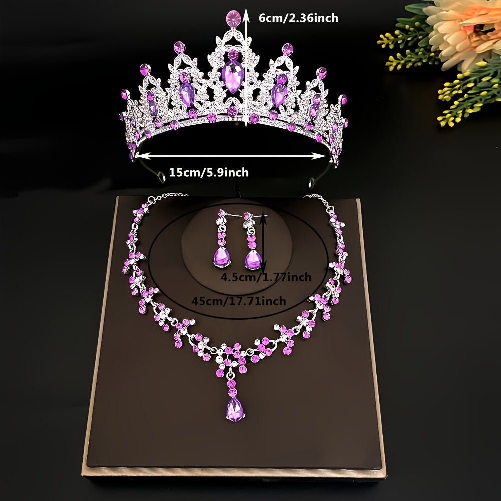 Crystal bridal tiara and crown earrings, necklace jewelry set for women and princess girls. Jeweled wedding tiara for brides, perfect for birthdays and cosplay. This set includes three pieces.