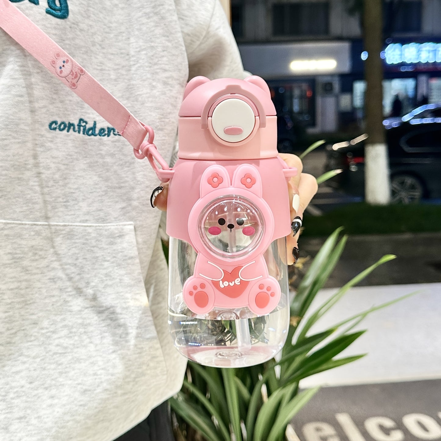 1pc Cute Cartoon Straw Water Bottle- Leak Proof Flip Top, Hand Wash Only, Ideal for Outdoor Activities, Travel, Fitness- Round Shape, PVC Free PC Material.