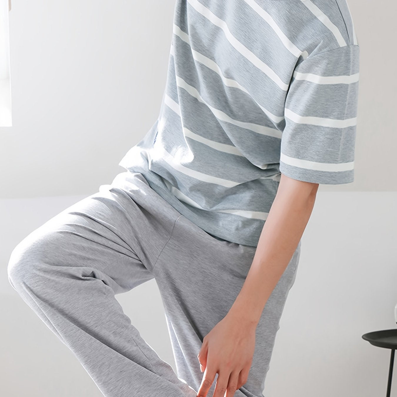 Gray Striped Short Sleeve Top and Long Pants, Men's Pajama and Home Wear Set