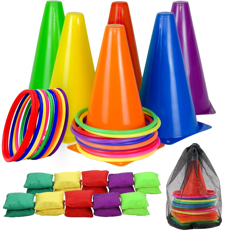 Colorful cone ring throwing set made from PE material, suitable for indoor play or outdoor parties in winter.