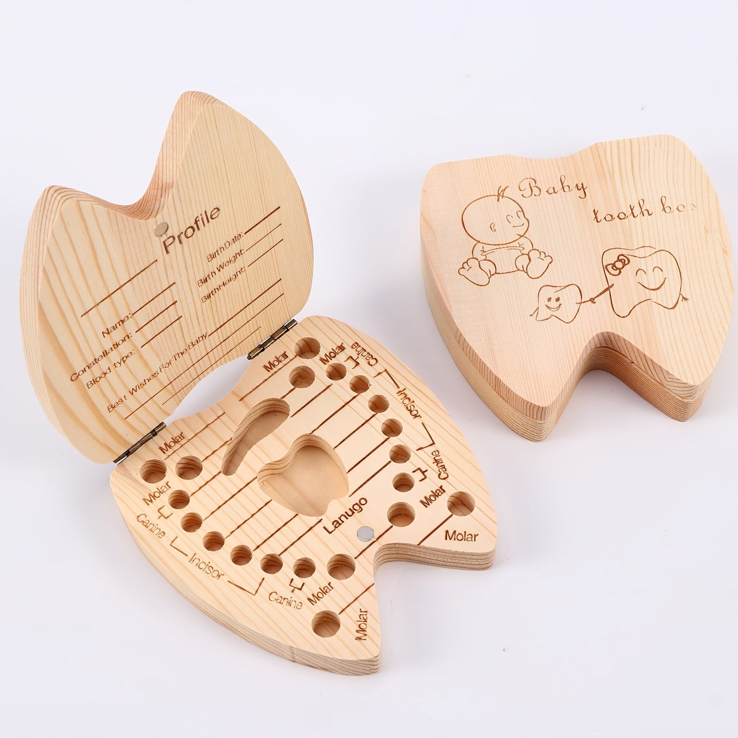 Wooden Baby Kids Tooth Storage Box - A Perfect Gift for Christmas, Halloween, and Thanksgiving! This Tooth Wooden Box Organizer is ideal for collecting and storing your child's milk teeth and umbilical cord. Dimensions: 4.65*4.53*1.1 inches