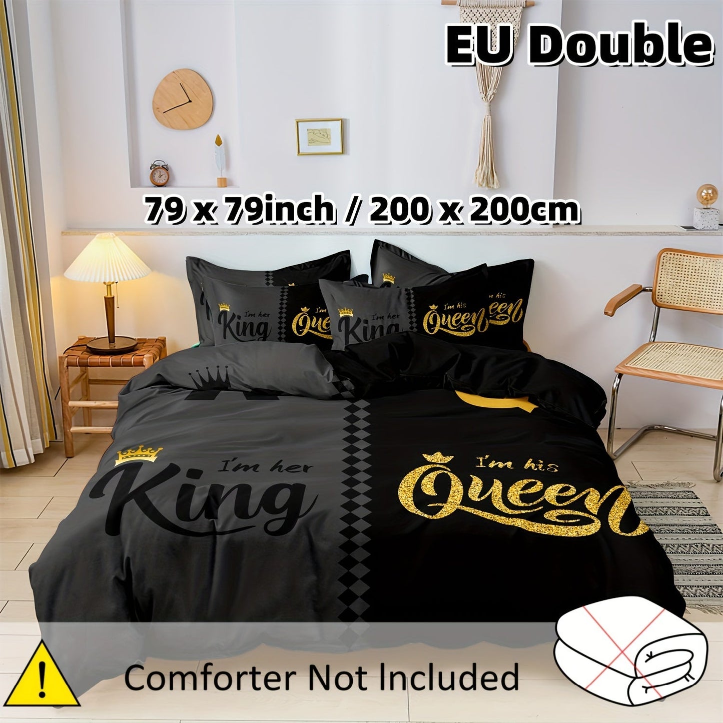 Valentine's Day Queen & King Crown Design Duvet Cover Set - 3 Piece Set, Printed Crown Design, Soft Polyester, Breathable, Machine Washable - Includes 1 Duvet Cover & 2 Pillowcases (Insert Not Included)