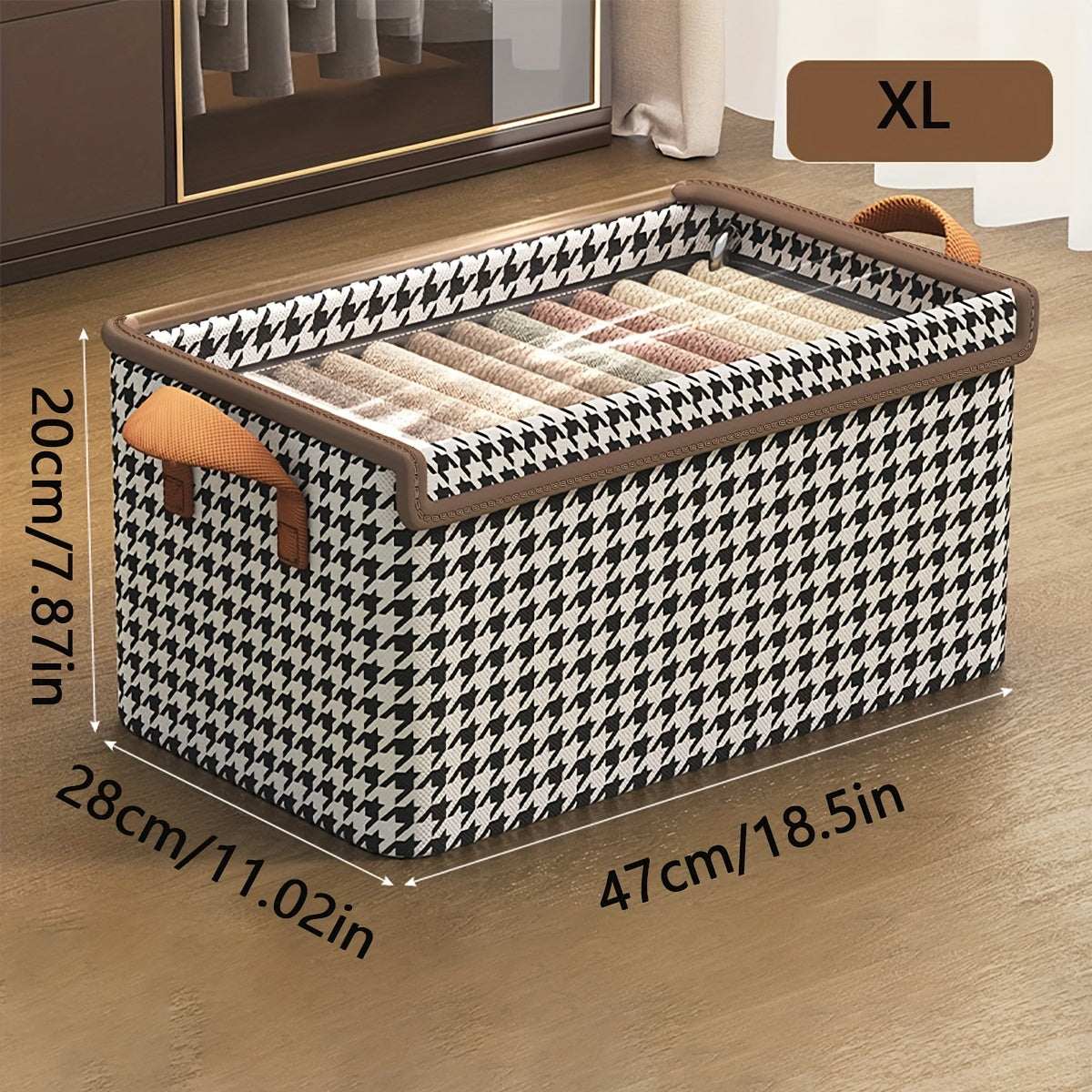 Boho Style Polyester Blend Storage Box with Flip Top Lid, Rectangle foldable wardrobe organizer for clothes and socks. This multipurpose non-waterproof closet organization basket features a stylish houndstooth pattern and foldable design. Perfect for