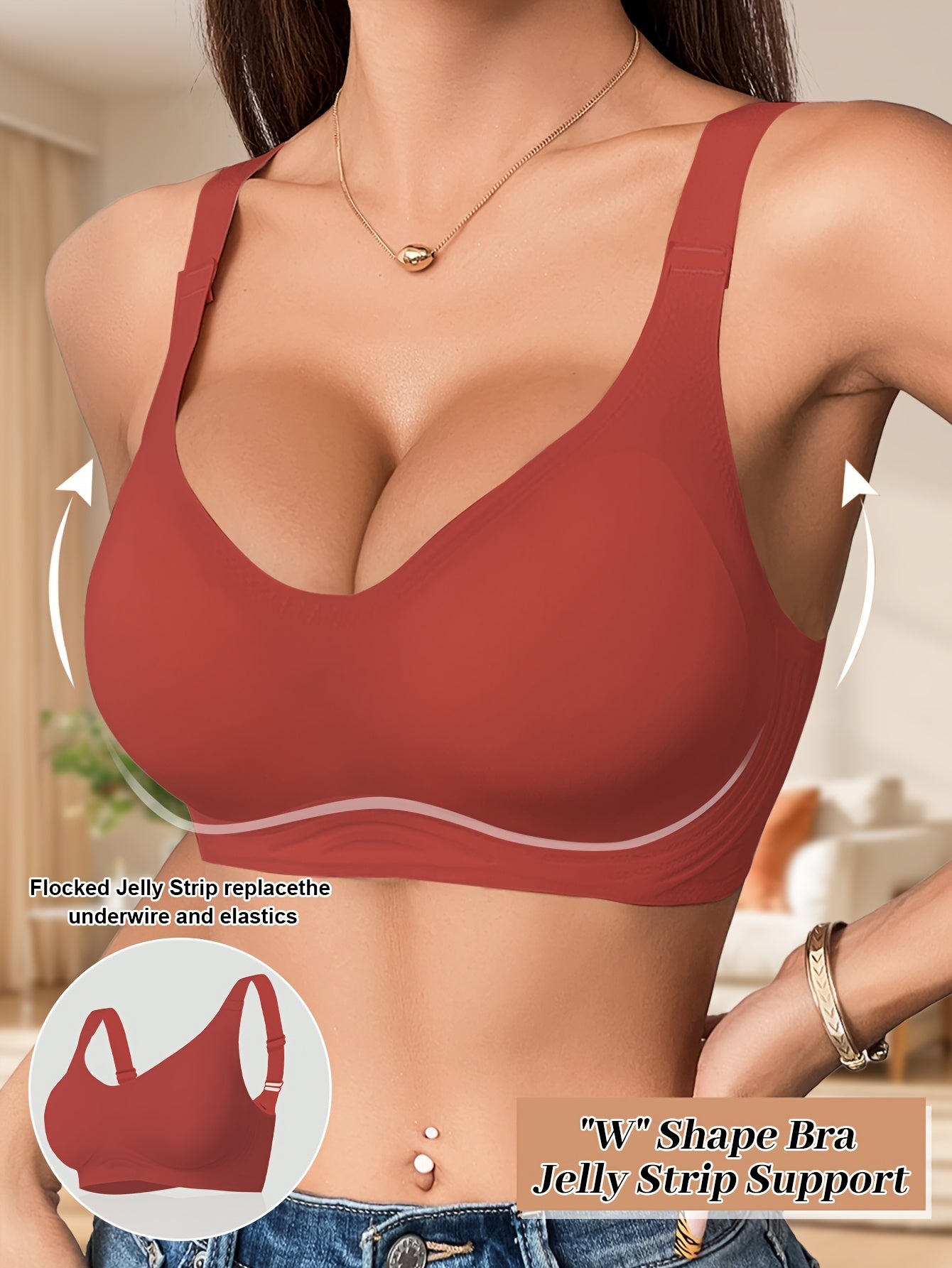 Women's wireless bra with full coverage, polyamide 85% elastane 15%, solid color knit fabric, removable pads for everyday comfort.