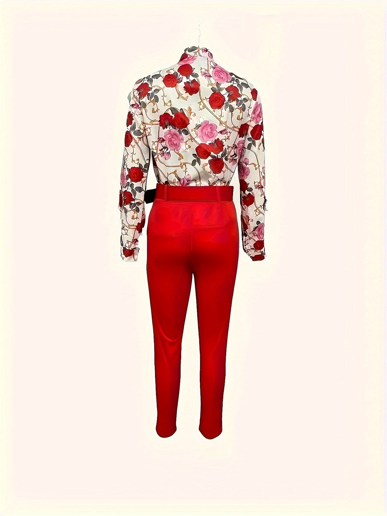 Floral V Neck Blouse & Belted Pants Set, Women's Outfit