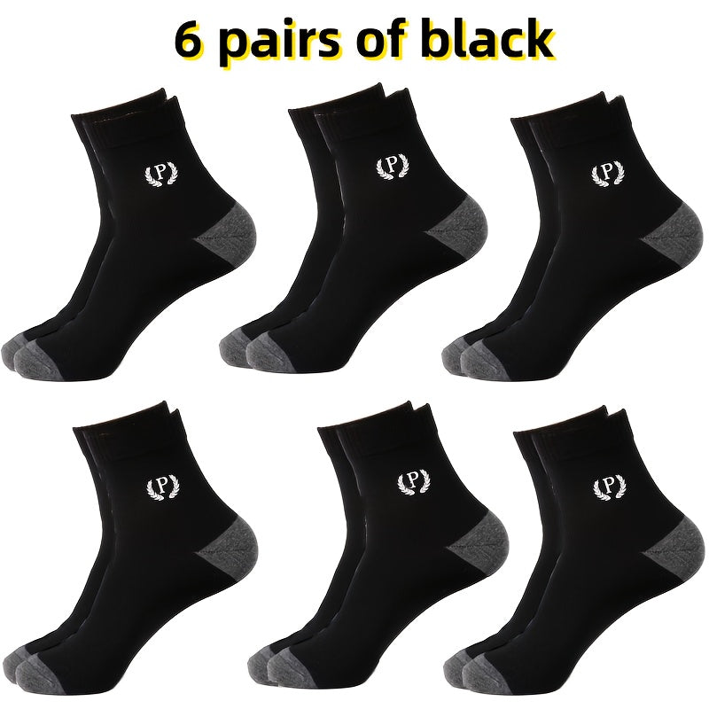 6 pairs of men's socks with alphabet pattern, made of 80% polyester and 20% spandex blend. Breathable and comfortable for daily and outdoor use, suitable for all seasons. Hand wash only.