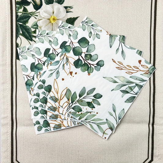 60 Elegant Eucalyptus & Golden Leaf Disposable Napkins - Soft and Absorbent 2-Ply Paper Guest Towels for Parties, Weddings, Birthdays, Baby Showers - Stylish Green & Gold Design, Durable and Tear-Resistant, 33.02x33.02 cm