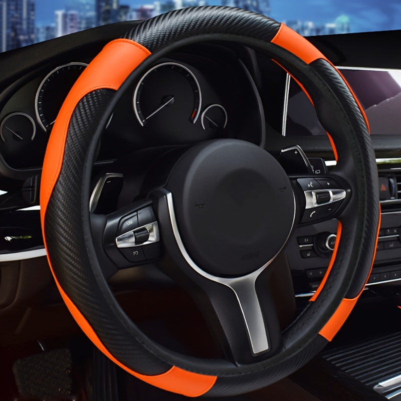 1 pc Elastic PU Leather Steering Wheel Cover with Carbon Fiber Pattern, Inner Circle-Free, Multiple Colors