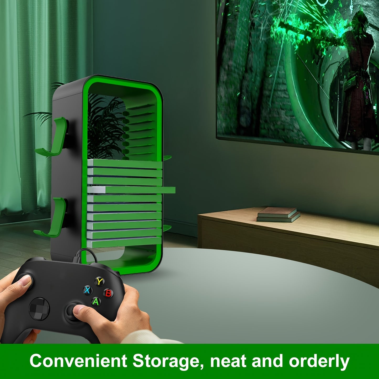 Game storage and controller stand holds 18 discs and 4 controllers for PS5/PS4/Switch/Xbox.