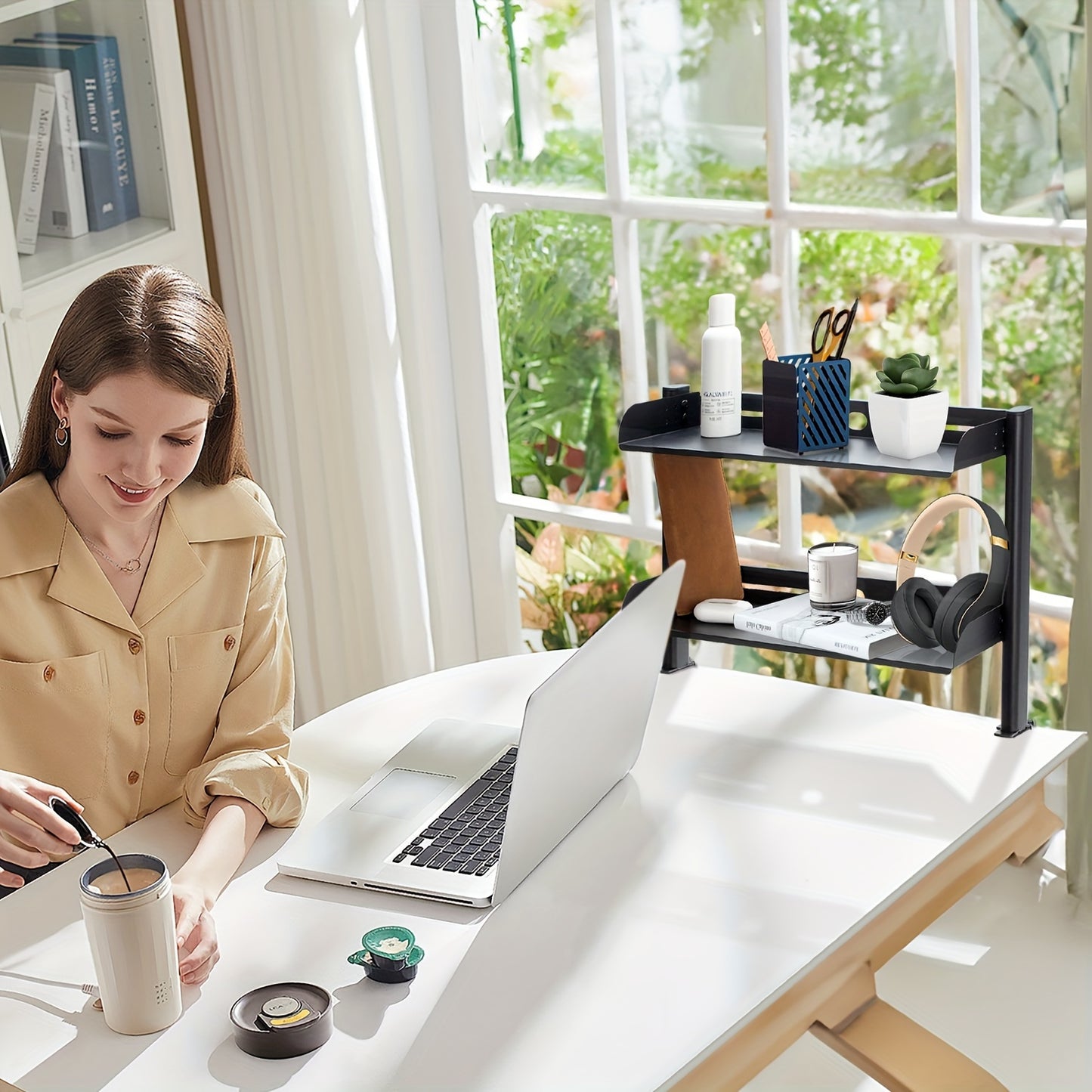 Adjustable clamp-on desk organizer, 43.18cm, dual-layer metal side table for office supplies & accessories.