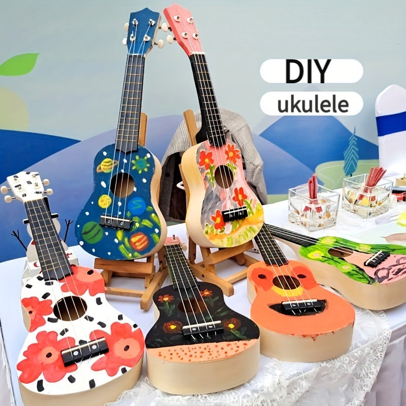 Build your own ukulele with DIY kit, includes basswood body, fretboard, and panel. Perfect for beginners and enthusiasts to customize with paintable surface.