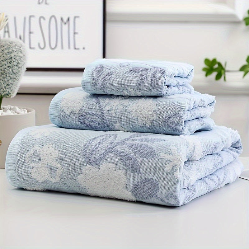 Floral embroidered cotton jacquard towel set includes 3 bath towels, hand towels, and fingertip towel. Soft, super absorbent, and modern design.