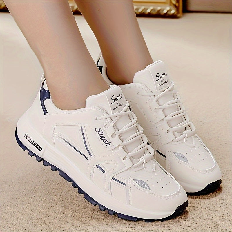 Casual women's running sneakers in white and brown, lace-up low-top design with textured faux leather upper and durable PU sole, comfortable all-season footwear.