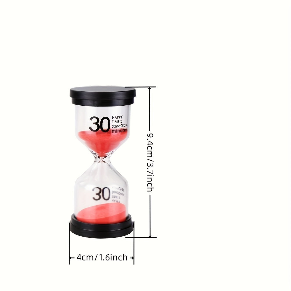 Colorful set of 6 sand timers, with durations ranging from 1 to 30 minutes, for use in games, classrooms, and offices.