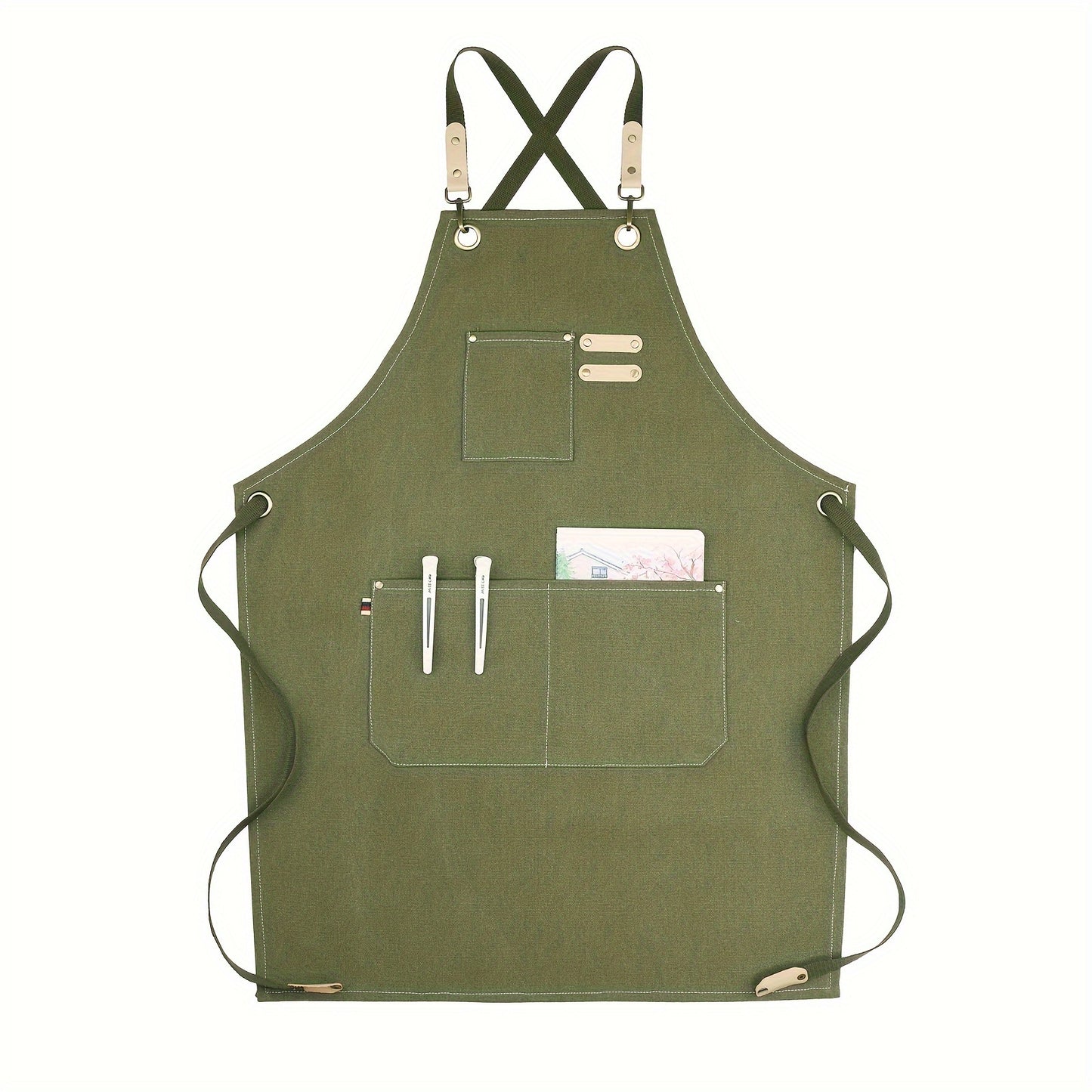 Sturdy brown canvas apron with adjustable straps & multiple pockets, ideal for coffee shops, restaurants, and home kitchens.