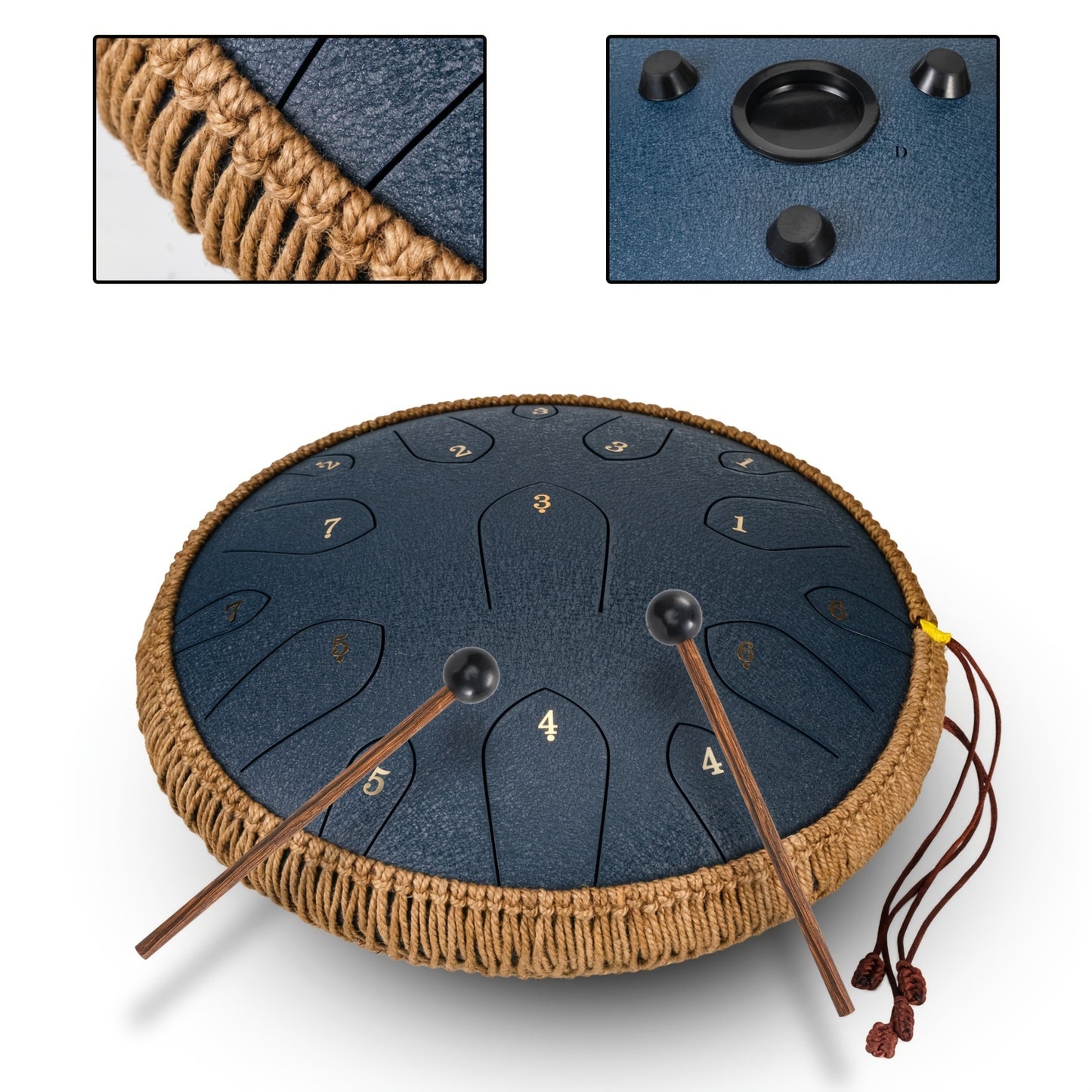 35.56 cm steel tongue drum in D key with mallets, bag, and book for music education and entertainment.