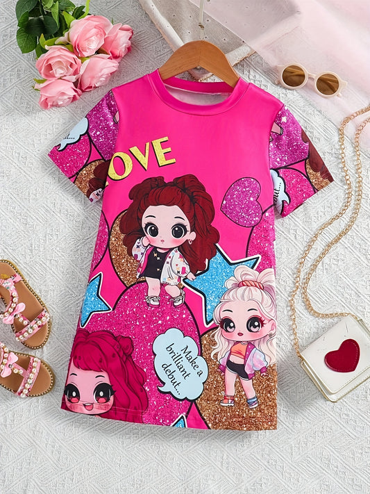 Cute pink cartoon dress for girls with "LOVE" print, made of stretchy polyester blend. Machine washable and perfect for spring/summer/fall events.