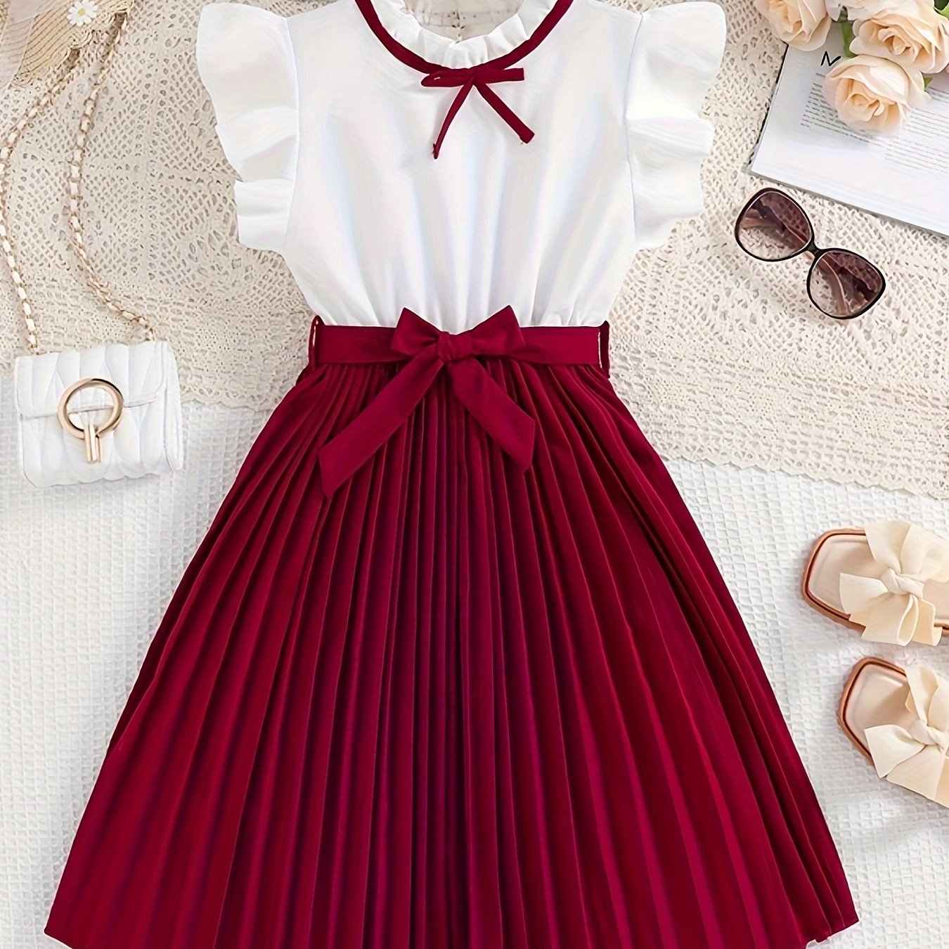 Stylish Color-Blocked Pleated Dress for Girls - Perfect for Parties, Outings, Summer