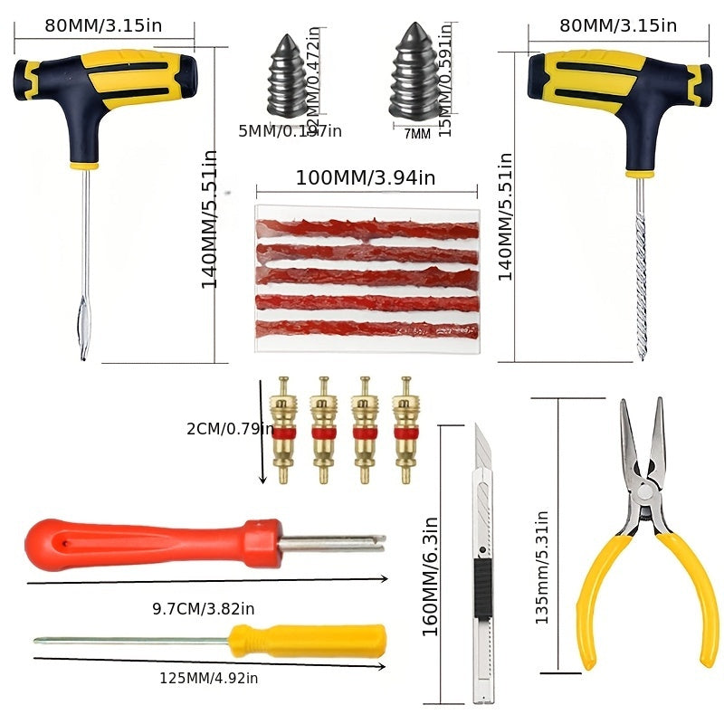 Tire repair kit for emergencies, includes puncture plug tool and inflation nozzle.