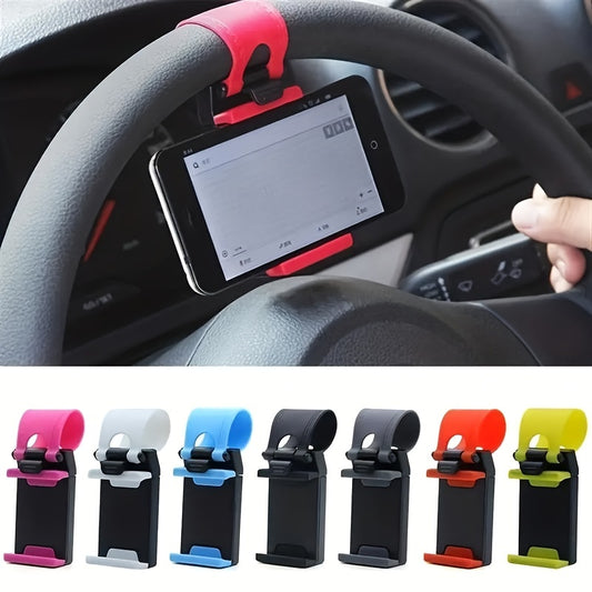 Durable and easy-to-use universal car phone holder with plastic steering wheel mount, mobile phone stand support, and bike clip mount.