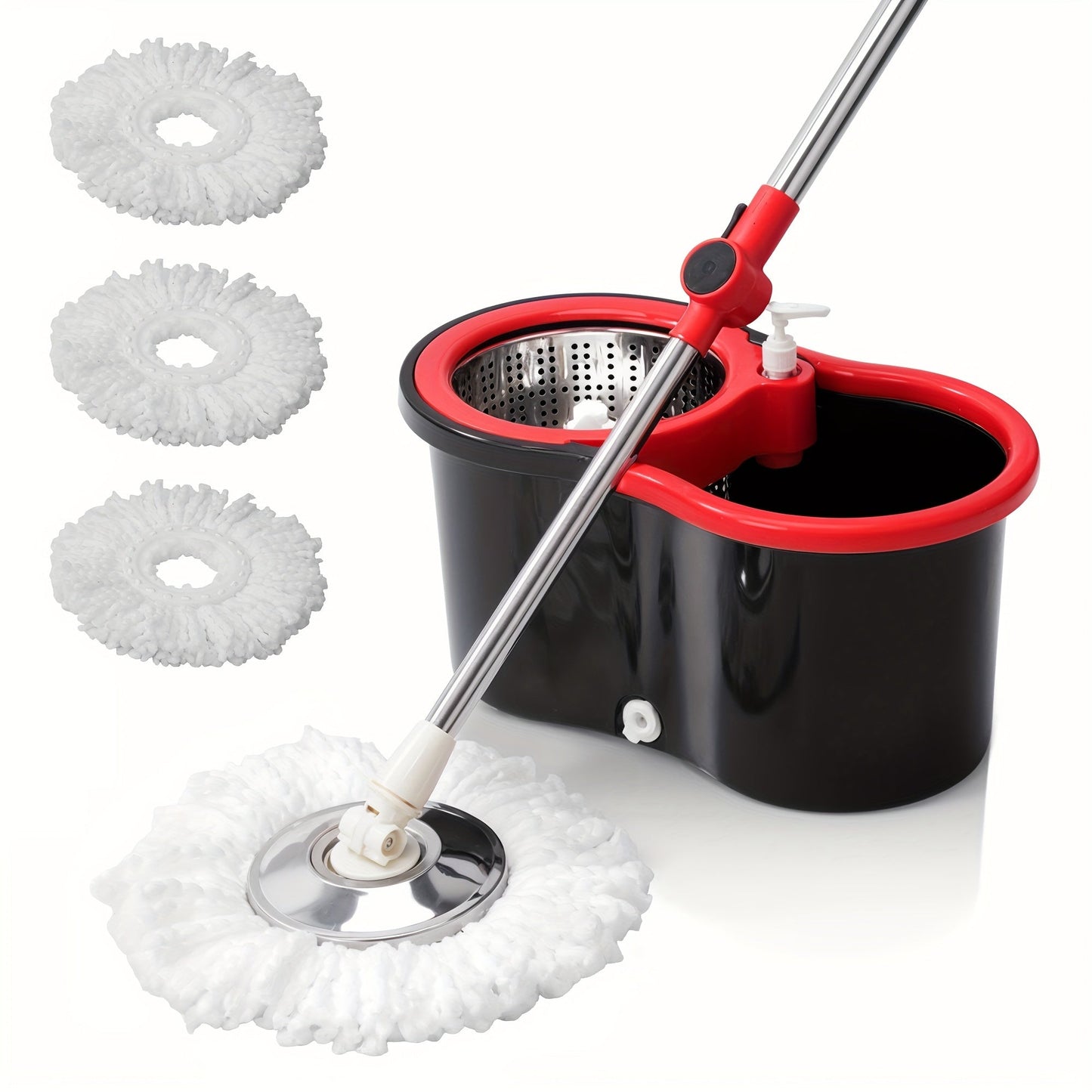 Spin Mop and Bucket Set includes 3 pieces, featuring a 360° rotating mop system with an ultrafine fiber mop head and adjustable stainless steel handle. Perfect for cleaning living rooms, bedrooms, and bathroom floors.