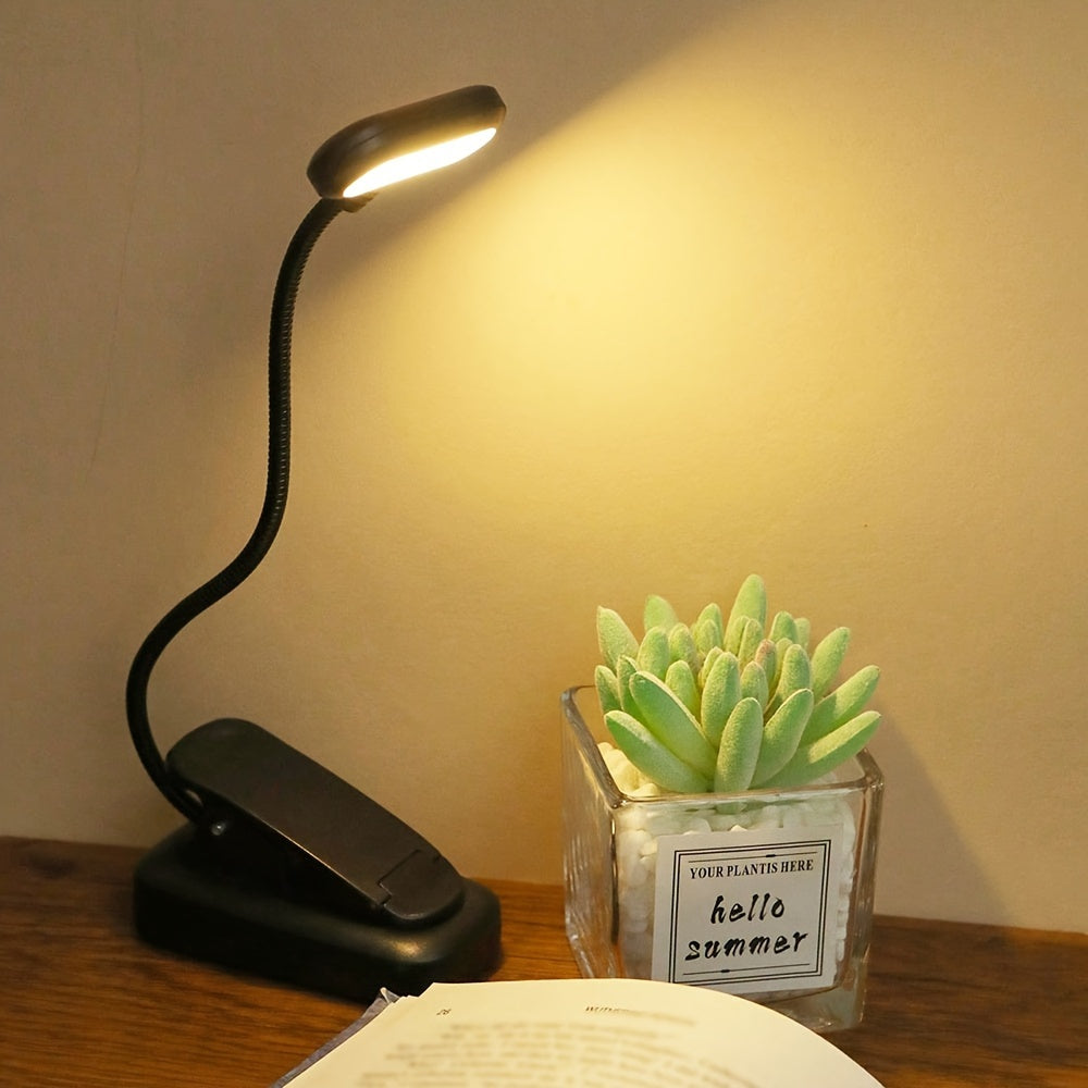 1 portable clip reading lamp with adjustable arm for night reading, desk or desktop use. Battery operated for reading at home.