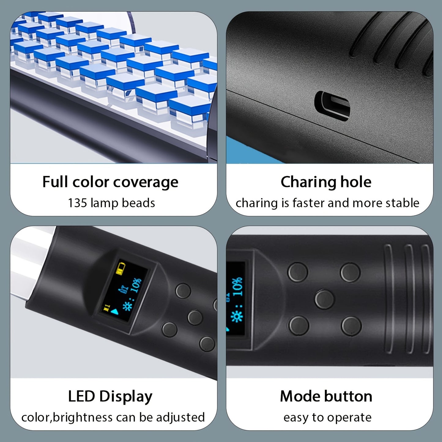 Handheld RGB video stick light with adjustable color temperature and CRI 95+, built-in battery, tripod stand, and dimmable panel for various uses.