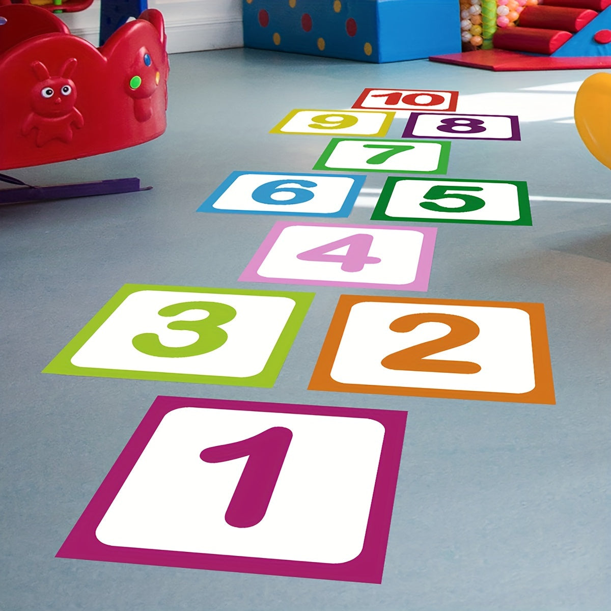 10 pieces of self-adhesive, anti-slip hopscotch game wall and floor stickers made from frosted material.