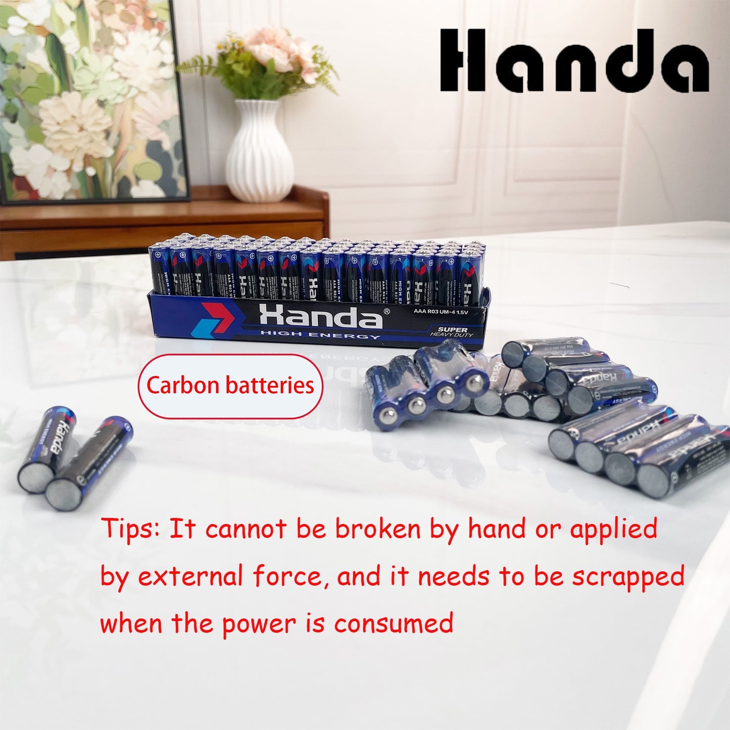 60 HANDA AAA Carbon Batteries, 1.5V - Durable and safe for low energy electronics.