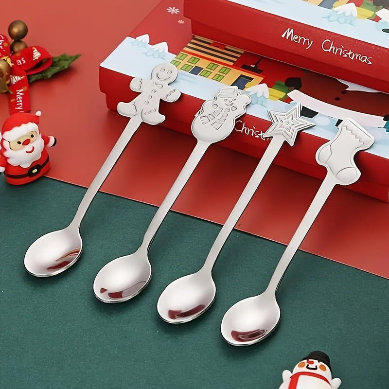 Set of 8/12/24 Christmas-themed stainless steel dessert spoons with mirror finish, perfect for family gatherings, restaurants, and kitchen/dining use.