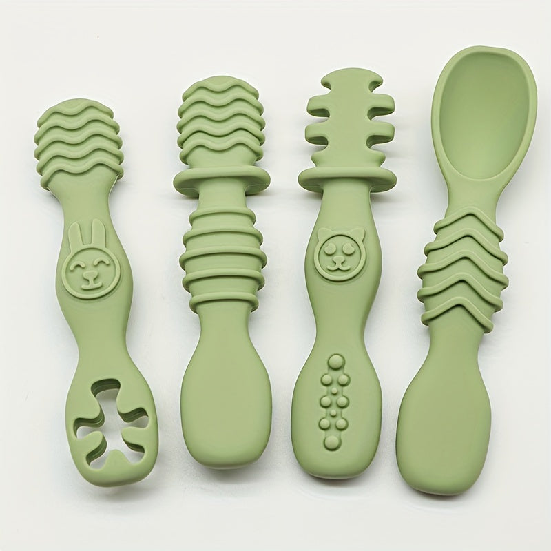 4-piece silicone spoon set for children 6+ months, chewable and soft-tipped, BPA-free and dishwasher safe