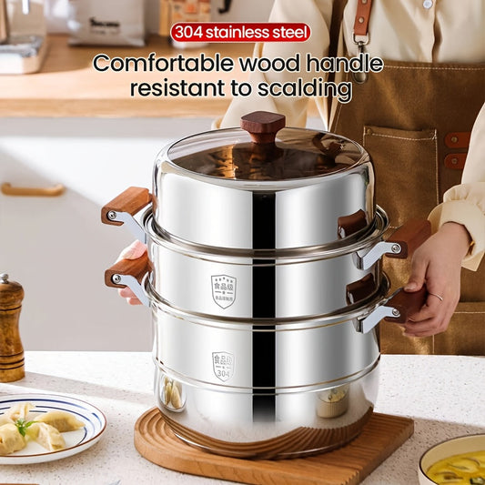 This 304 Stainless Steel Three-layer Steamer set includes 5 pieces with a double bottom design. It features a thick soup pot, a steamer rack, a pot lid, and two steaming trays. The set also includes counter-scald wooden handles for safety. This steamer