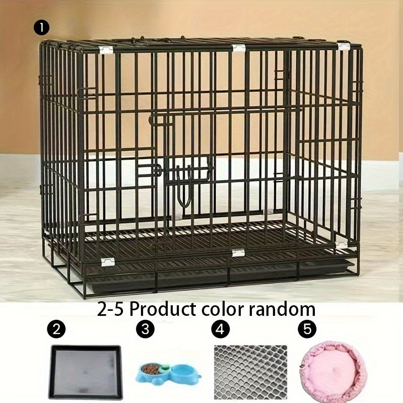 5-piece dog cage set includes feeder, tray, and mat. Foldable wire kennel for medium breeds, perfect for indoor use.