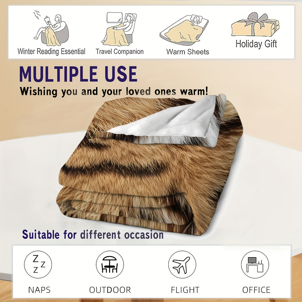 Winter Tiger Fur Texture Blanket Throw - Super Soft Fleece Blanket for Bed or Couch, Perfect Winter Decor and Christmas Gift