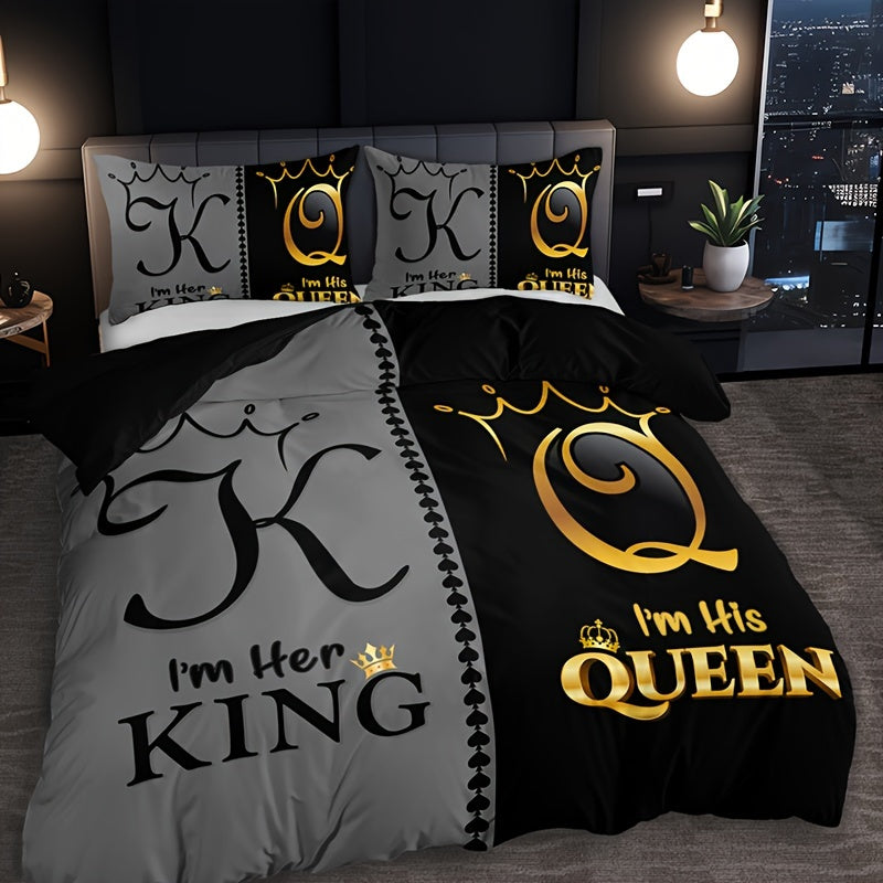 3-piece polyester bedding set with digital print featuring king and queen crown motifs. Includes 1 comforter cover and 2 pillow shams. Machine washable with breathable fabric for all-season comfort. Makes a cozy bedroom accessory and perfect Christmas