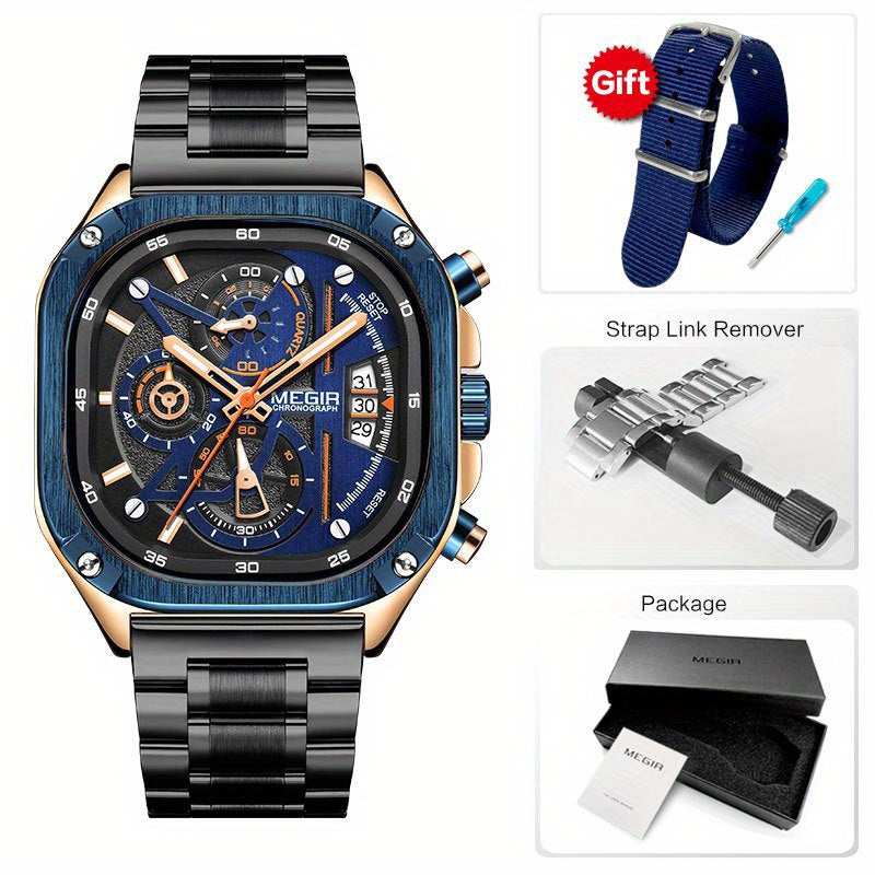 MEGIR Black Quartz Watch for Men with Chronograph, Stainless Steel Strap and Auto Date, Square Dial with Luminous Hands.