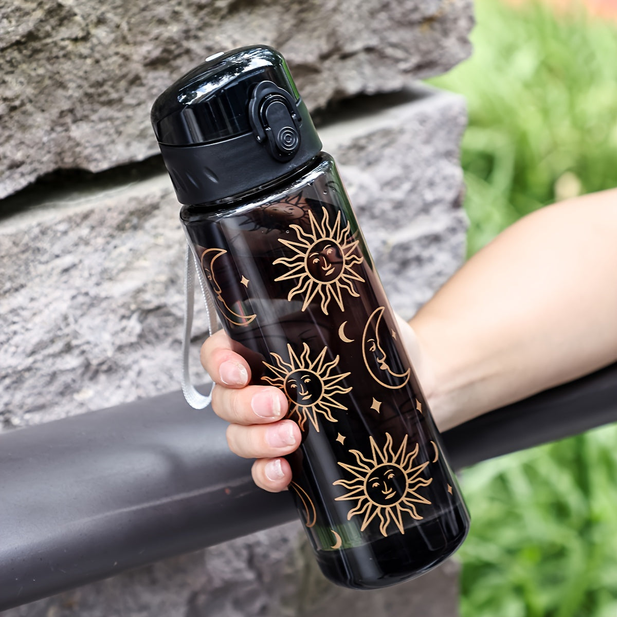 Women's plastic water bottle, hand wash only, floral design, large capacity, lightweight, round shape, PVC-free.