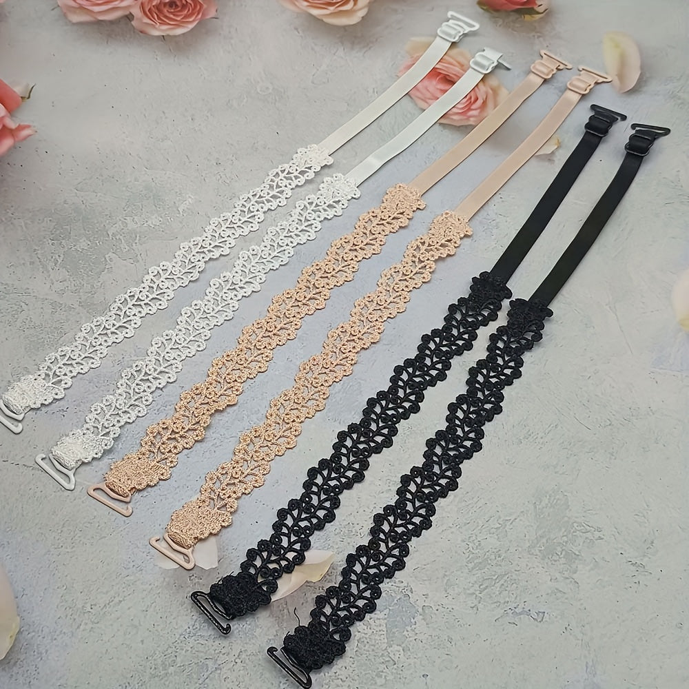 Floral bra straps in beige, white, and black with metal clasps, adjustable and made of polyester fabric; women's fashion accessory for lingerie.