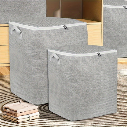 Extra-large durable non-woven fabric storage bin with lid, handles, herringbone pattern, zipper closure, ideal for organizing clothes, quilts, toys in home, bedroom, dorm.