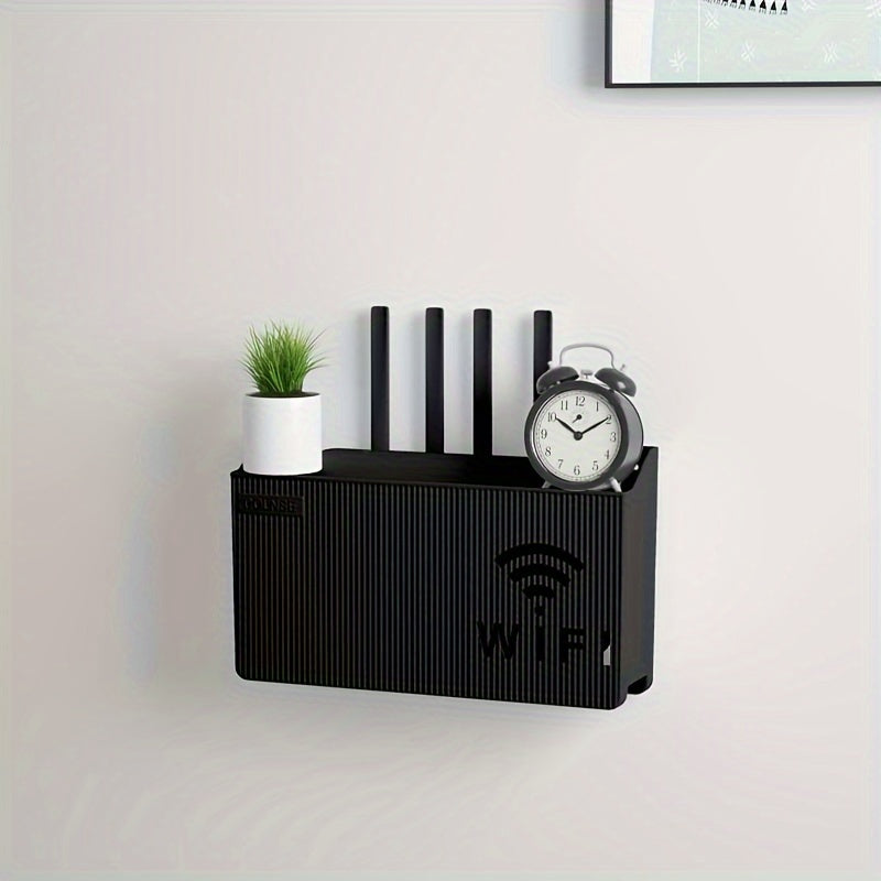 Modern Black Wall-Mounted Router Box with Green Detailing - Sleek Media Console for Home Office or Living Room - Chic WiFi Storage Solution with Swirl Pattern - Simple Installation, No Power Required - Ideal Present for Tech Lovers