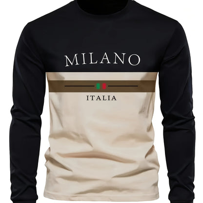 Milano Italy Graphic Print Long Sleeve T-Shirt for Men, Polyester Knit Fabric, Regular Fit with Alphabet Pattern, Italian T Shirt