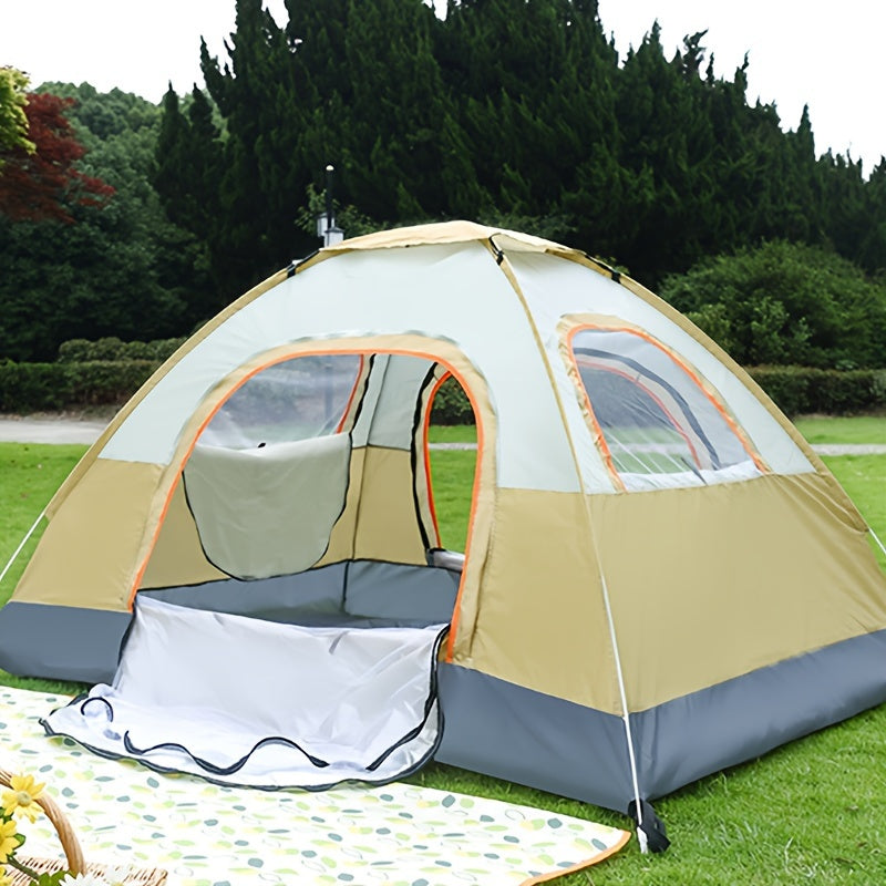 Portable camping tent with sun protection, dual doors, and windows for ventilation, made of durable polyester fabric for family outdoor adventures.