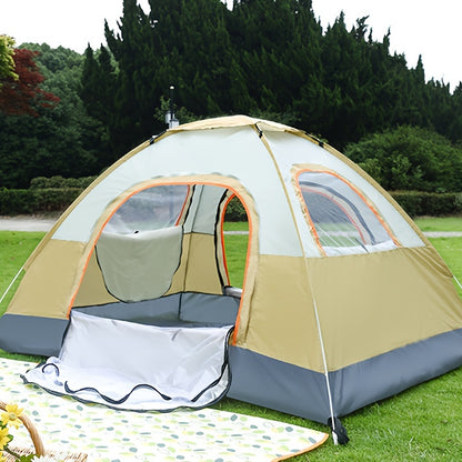 Portable camping tent with sun protection, dual doors, and windows for ventilation, made of durable polyester fabric for family outdoor adventures.