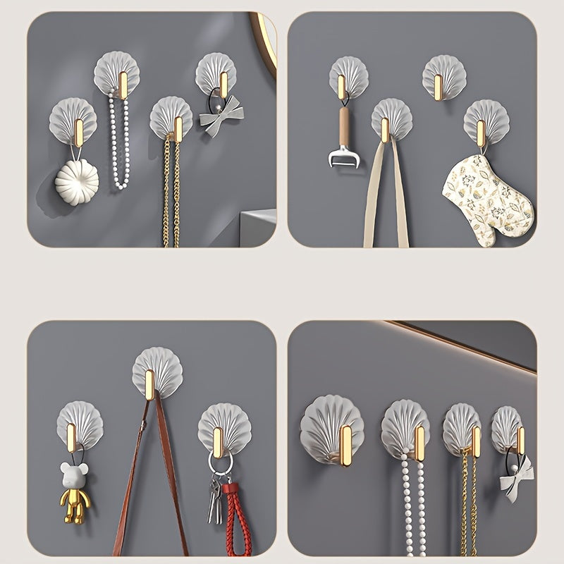 Set of 4 elegant gold-plated shell hooks, transparent and waterproof. Easy to install without drilling, high load-bearing for kitchen and bathroom doors.