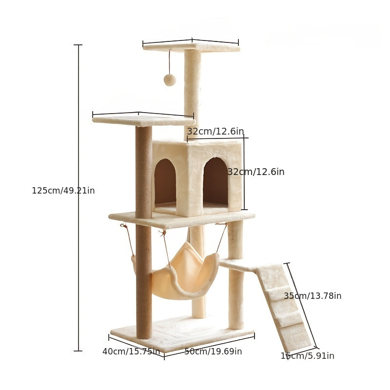 Multi-level cat tree with enclosed house, solid wood tower, sisal rope scratching posts, plush wrapped platforms, and interactive playhouse for cats. Great for durable and healthy paw care