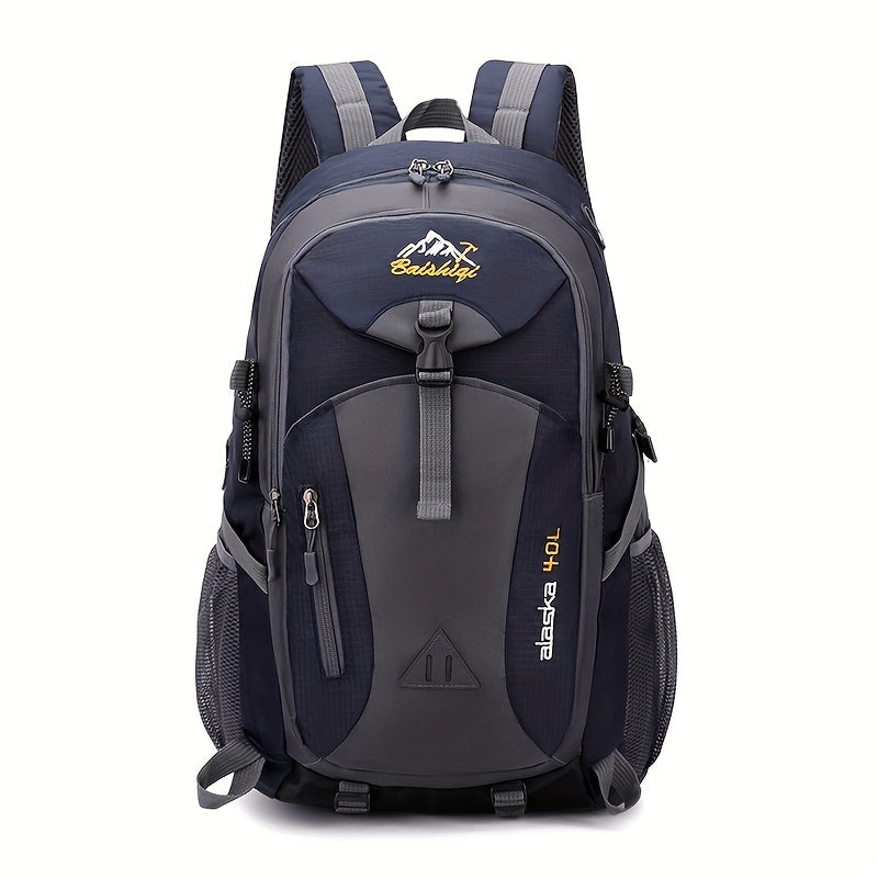 Multifunctional hiking backpack with 40L capacity, Oxford material, lightweight, adjustable shoulder straps, zip closure, polyester lining, embroidered detail, sports style, unisex for