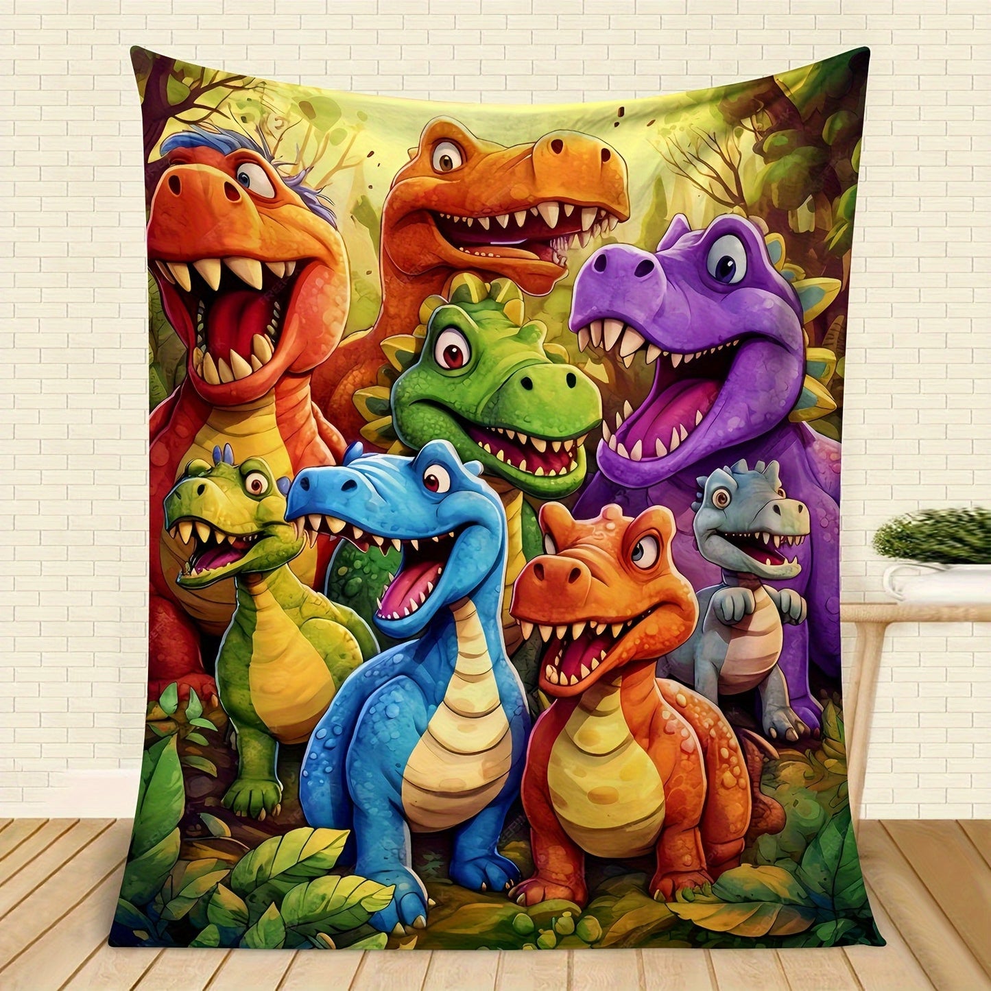 High-definition digital print flannel throw blanket featuring adorable smiling dinosaurs, with a contemporary animal theme. Perfect for all seasons, this cozy knitted thermo-regulating cover is made of 100% polyester lightweight fabric. Ideal for napping