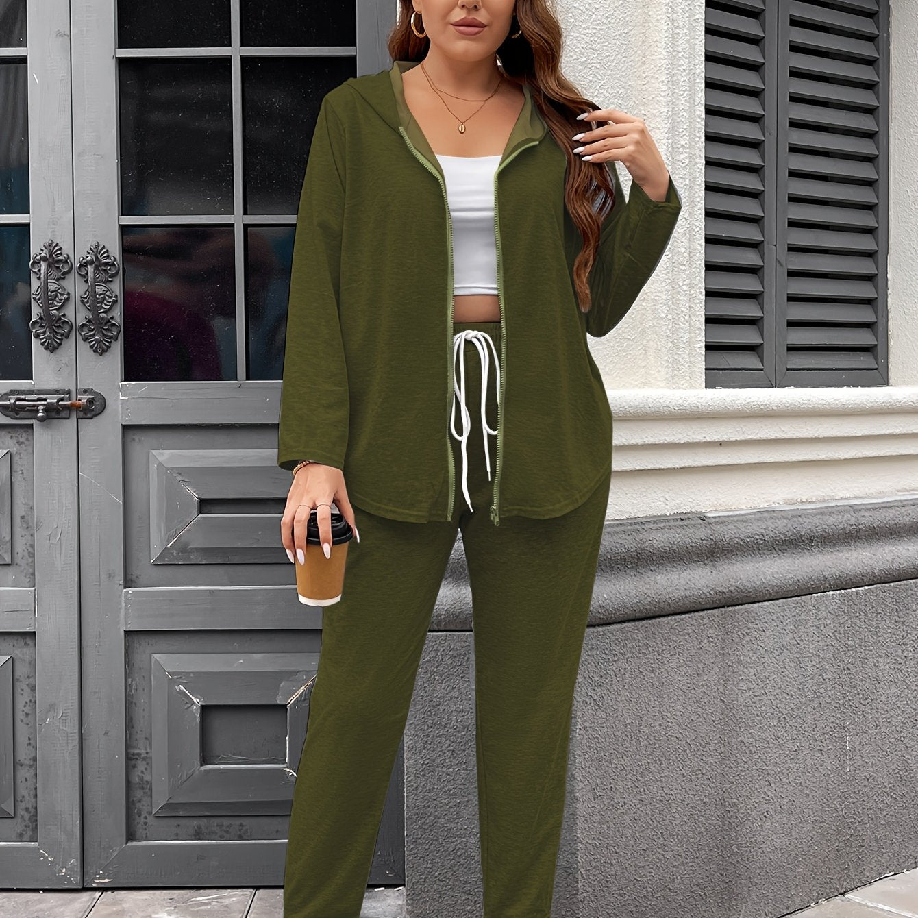 Olive Green Zip-Up Hoodie & Joggers Set for Plus Size Women - Casual, Stretchy Polyester Blend, Machine Washable, Pockets, Drawstring Detail