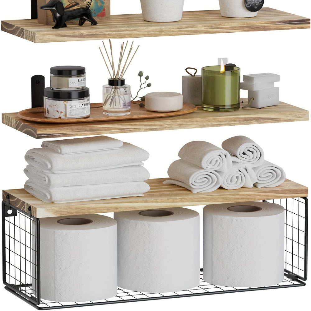 Solid Wood and Metal Wall Mounted Floating Shelves with Storage Basket for Bathroom Organization Over Toilet - Modern Open-Storage Shelves for Kitchen and Living Room Home Decor, Made with Durable Hardwood Construction.