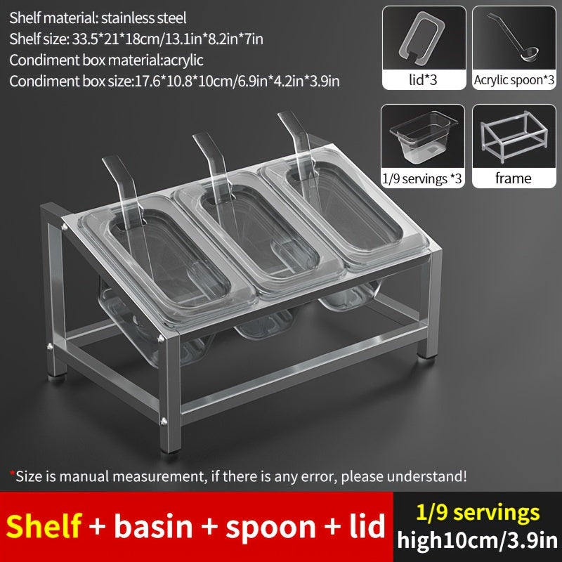 1/9-Compartment Spice Organizer crafted from durable stainless steel - Perfect for organizing spices and seasonings on your countertop. Includes condiment containers for easy storage. Ideal for use in both kitchens and restaurants.